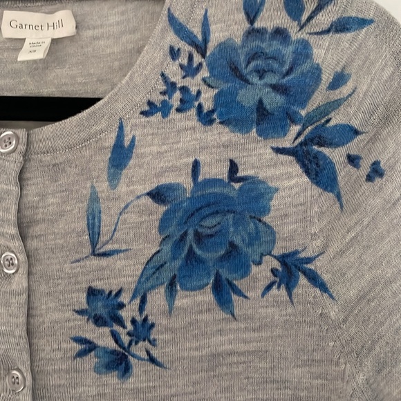 Garnet Hill Women’s 100% Merino Wool Crew Neck Button Up Cardigan Blue Roses XS - Picture 5 of 15
